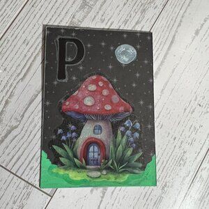 Original ACEO Art Card "P" Mushroom Cottage Under Moonlit Sky Fantasy